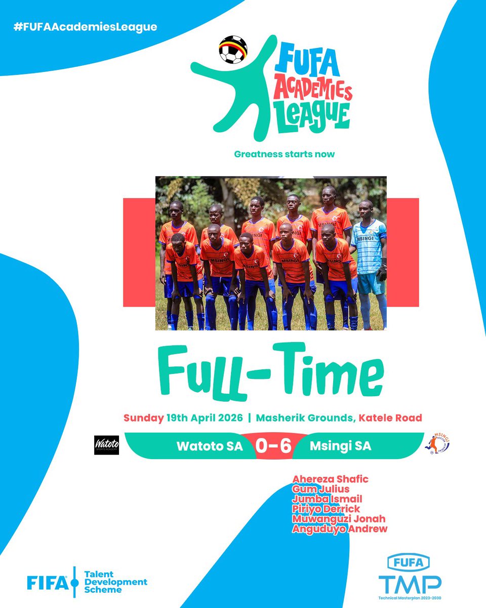 FUFAYouthComp's tweet photo. Full-time scores after match three at both venues:

Watoto SA 0-6 Msingi SA
KS. Sparta 09 SA 1–0 Teletubbies SA

#FUFAAcademiesLeague | #FUFATDS https://t.co/667XMLThAe