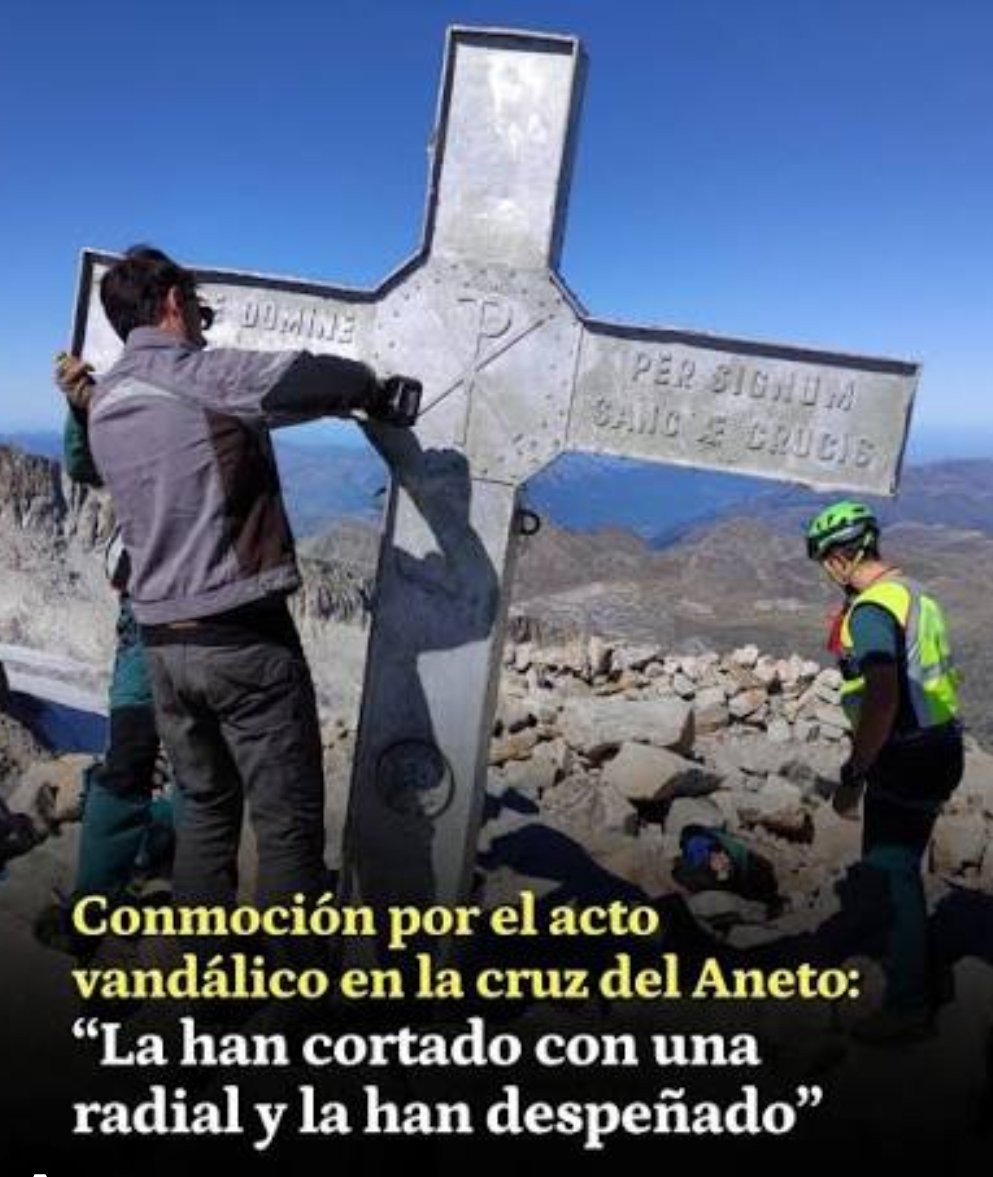 Hay que estar mal de la p. cabeza para subir al Aneto con una radial y cortar la cruz que lo coronaba
