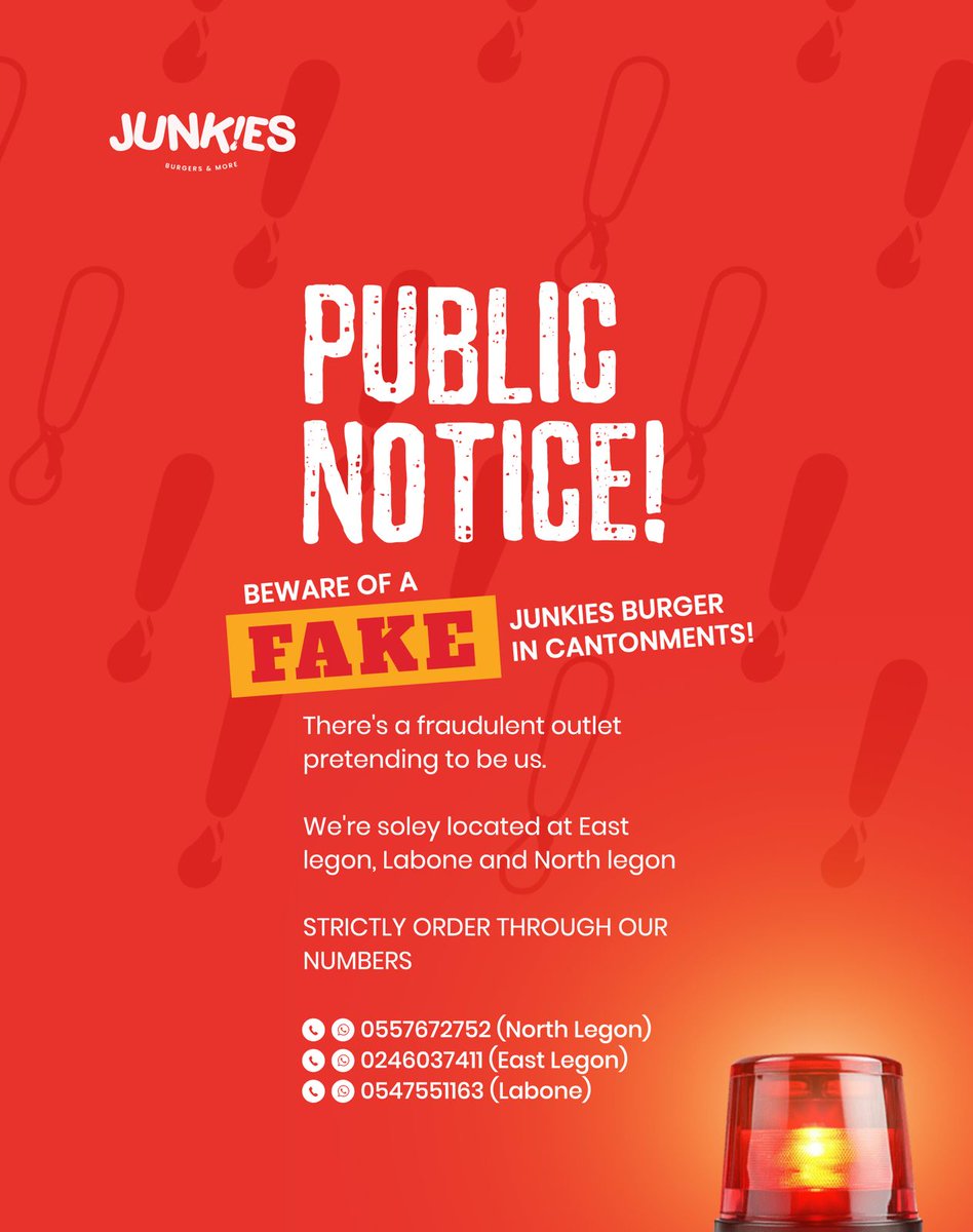 ⚠️ BEWARE OF A FAKE JUNKIES BURGER IN CANTONMENTS ONLINE! ⚠️

We're soley located at East legon, Labone and North legon. Only order using our official numbers.

Alternatively, you can order using <a href="/MenufinderAF/">Menufinder Africa</a> and <a href="/chowdeck/">Chowdeck</a>