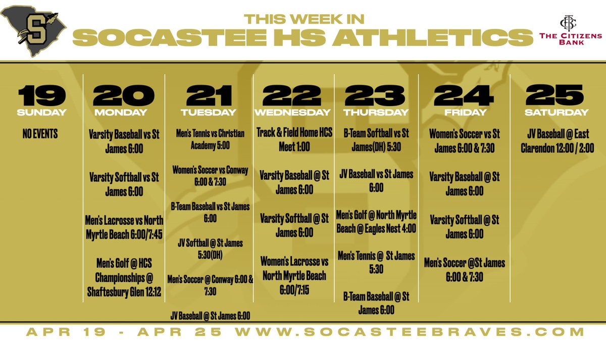 SocasteeHS's tweet image. Socastee Athletics 4/19-4/25 🏡🎟️ socasteebraves.com/game-day-ticke…
All-Sport Passes available Online!!                                 
Jr Braves Camp Registration Open Online! 
Spring Awards Night 5/14
Senior Awards Dinner 5/21
#GoldBlooded #Finish