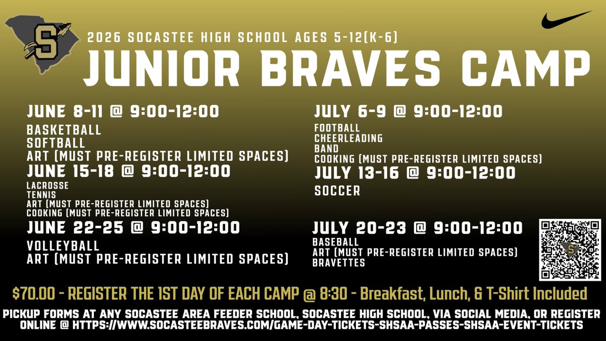 SocasteeHS's tweet image. Socastee Athletics 4/19-4/25 🏡🎟️ socasteebraves.com/game-day-ticke…
All-Sport Passes available Online!!                                 
Jr Braves Camp Registration Open Online! 
Spring Awards Night 5/14
Senior Awards Dinner 5/21
#GoldBlooded #Finish
