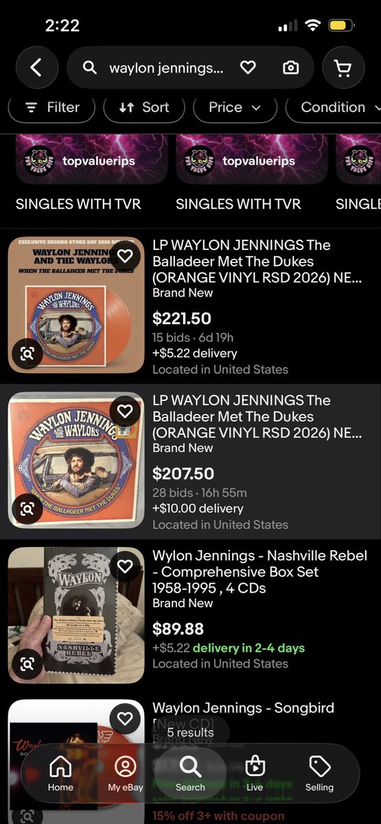 austin95atch's tweet photo. @shooterjennings this type of stuff sucks to see. I’m a big fan of your dad and this point he’s almost exclusively what I listen to and it sucks flippers and resellers got ahold of these instead of people who would’ve loved it and enjoyed it instead of making a quick profit https://t.co/wuT6jwyQXi