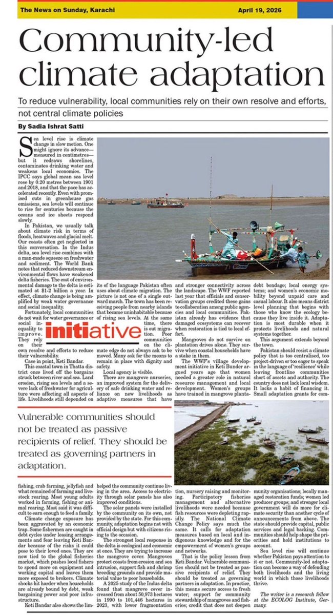 SattiSadia's tweet image. Pleased to share my article on #community-led #climate #adaptation, which reflects an essential principle of effective #climate #action, #solutions are #stronger when they are #locally #informed #participatory and #inclusive.

Read here: thenews.pk/tns/detail/141…