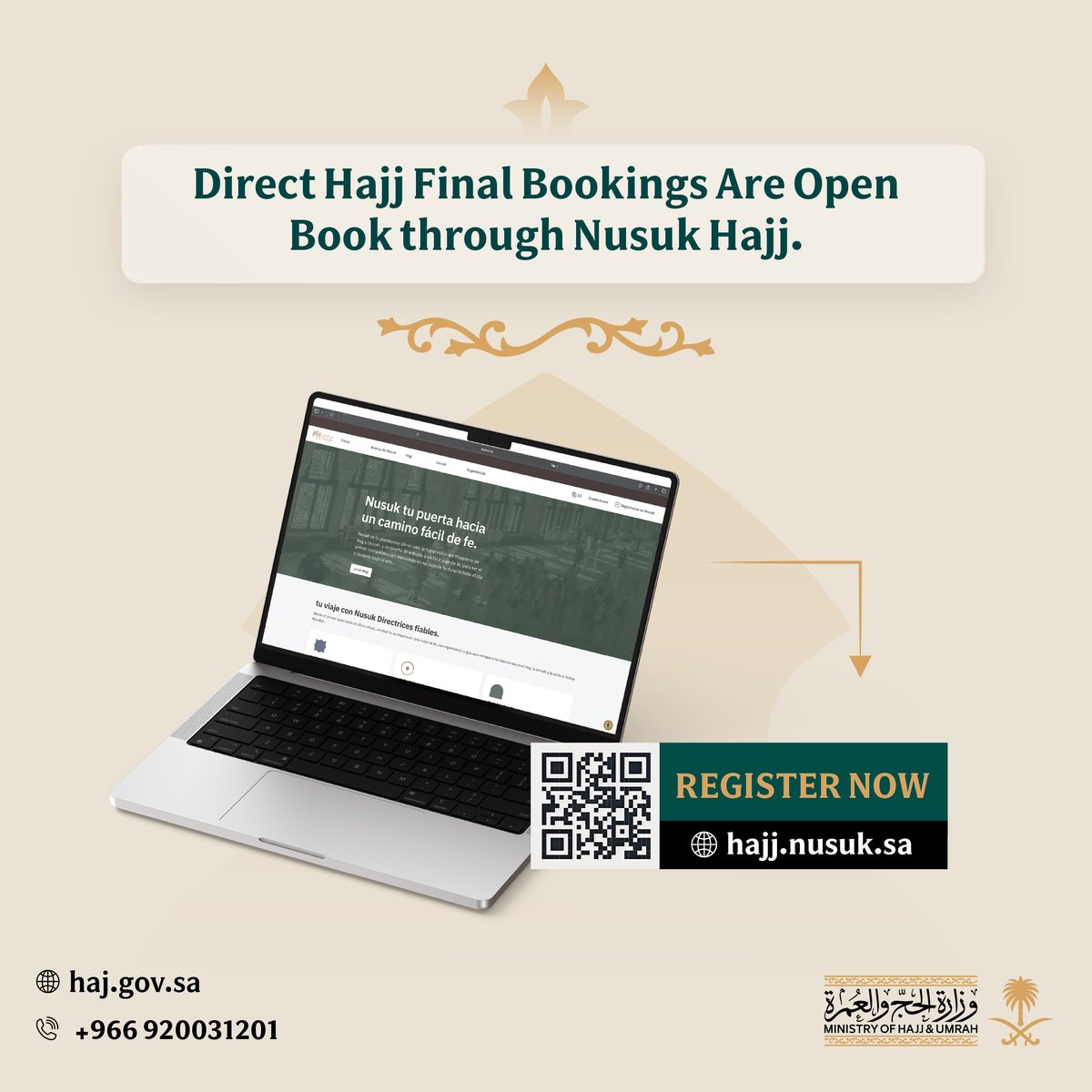 MoHU_En's tweet photo. Direct Hajj final bookings are now open.
Book now through Nusuk Hajj. https://t.co/y0PeXj9JRP