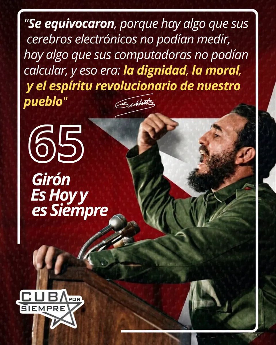 🇨🇺 Hoy Cuba celebra el 65 aniversario de la Victoria de Playa Girón, la primera gran derrota del imperialismo yanqui en América Latina. Gesta heroica, liderada por el Comandante en Jefe Fidel Castro Ruz, demostró la unidad indestructible de nuestro pueblo
#CubaEstáFirme