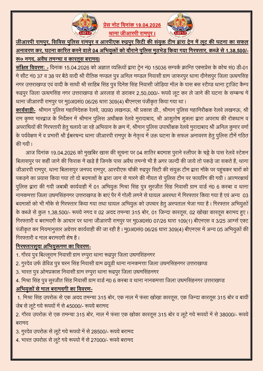 spgrpmoradabad's tweet image. #SRPMoradabad के निर्देशन में #GRP_रामपुर, @rampurpolice व #RPF की संयुक्त टीम द्वारा ट्रेन में लूट की घटना का सफल अनावरण कर 04 शातिर अभियुक्तों को दौराने पुलिस मुठभेड़ किया गया गिरफ्तार, कब्जे से ₹138500/- एवं 02 अवैध तमन्चा 315 बोर मय जिंदा/खोखा कारतूस बरामद।
#upgrp
#UPPolice