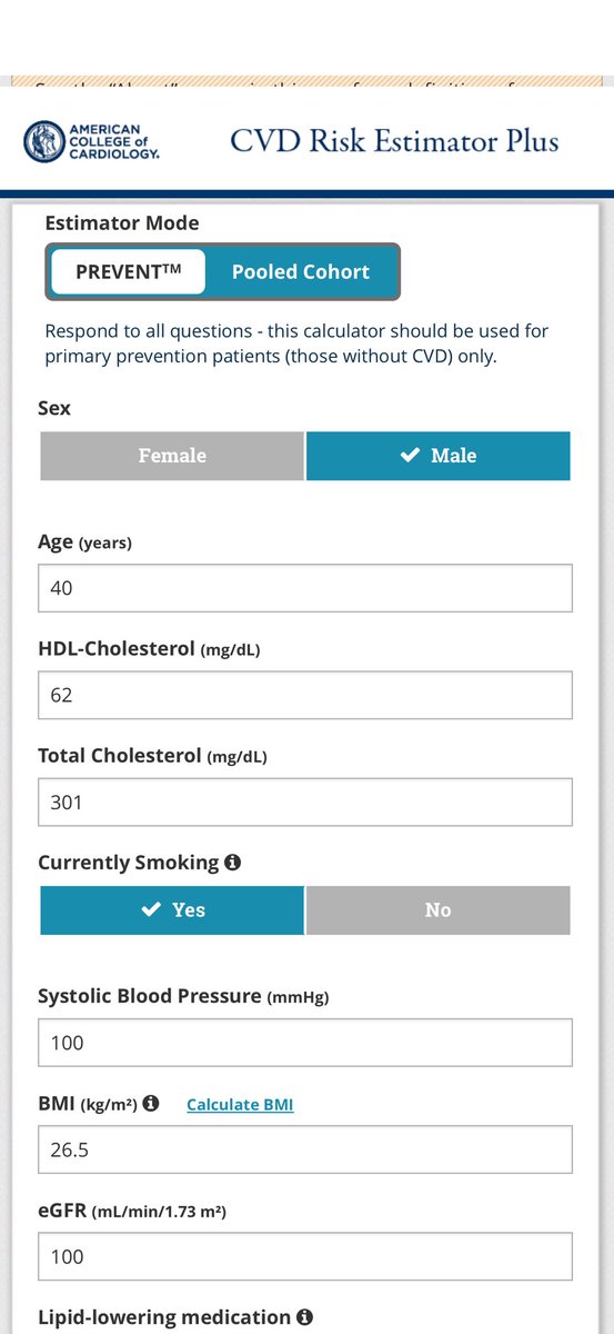 Hragy's tweet image. Can someone from @ACCinTouch explain to me how a 40 year old smoker with total cholesterol 301 and LDL 226 is low risk not needing treatment on their new #PREVENT risk calculator! So glad i am following @escardio GL’s where LDL above 190 age 40 smoker gets LLT ! @Drlipid