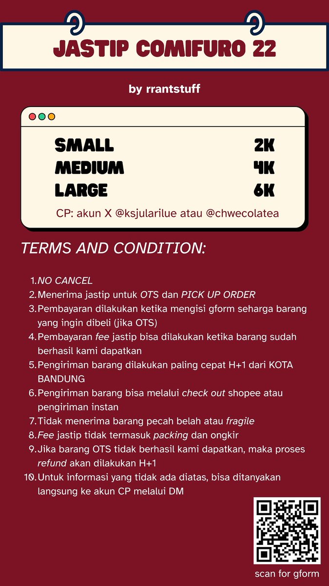 📢 OPEN JASTIP COMIFURO 22🎀✨

Buat kalian yang gak bisa datang langsung ke Comifuro 22 tapi tetap pengen nitip merch incaran, tenang ajaa~ kami buka jastip nih!

Scan QR di poster untuk isi gform atau klik link dibawah ini✨  
bit.ly/3QldCst

#comifuro #comifuro22