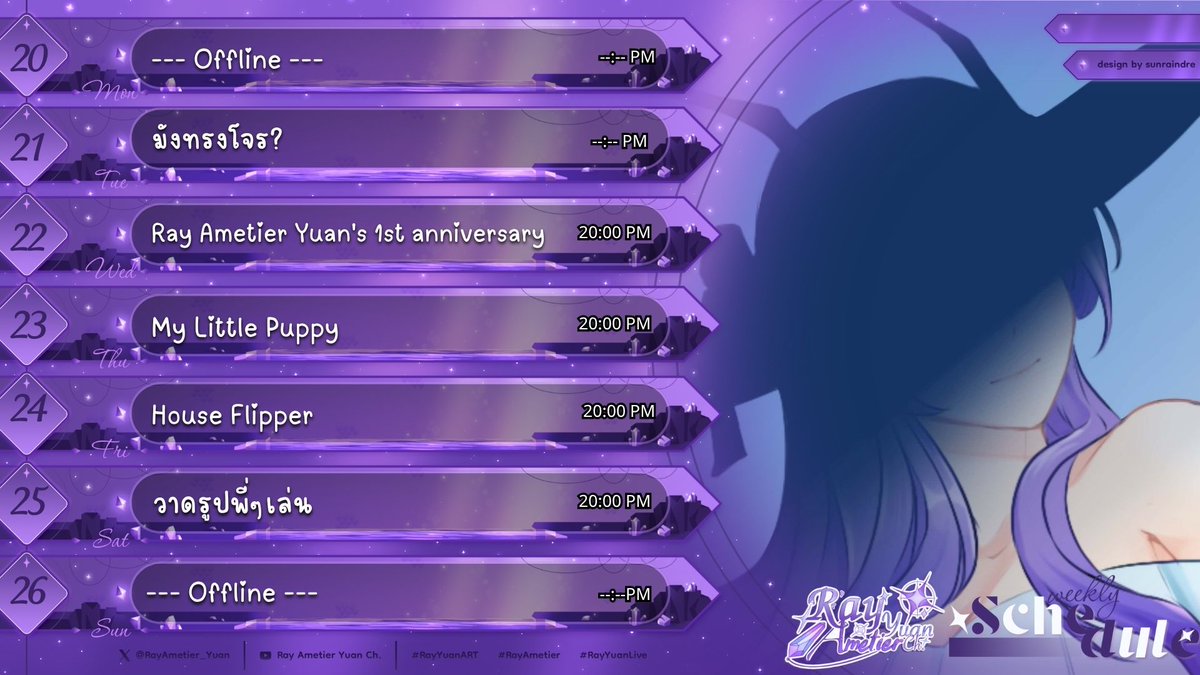 RayAmetier_Yuan's tweet photo. 💜✨Ray Ametier Yuan's Live schedule✨💜
=====================
Week 20 April   -  26 April 2026
=======================

Fanart : #RayYuanART
General : #RayAmetier
Live moment : #RayYuanLive
#Vtuber #VtuberTH https://t.co/bCXp5GzmCa