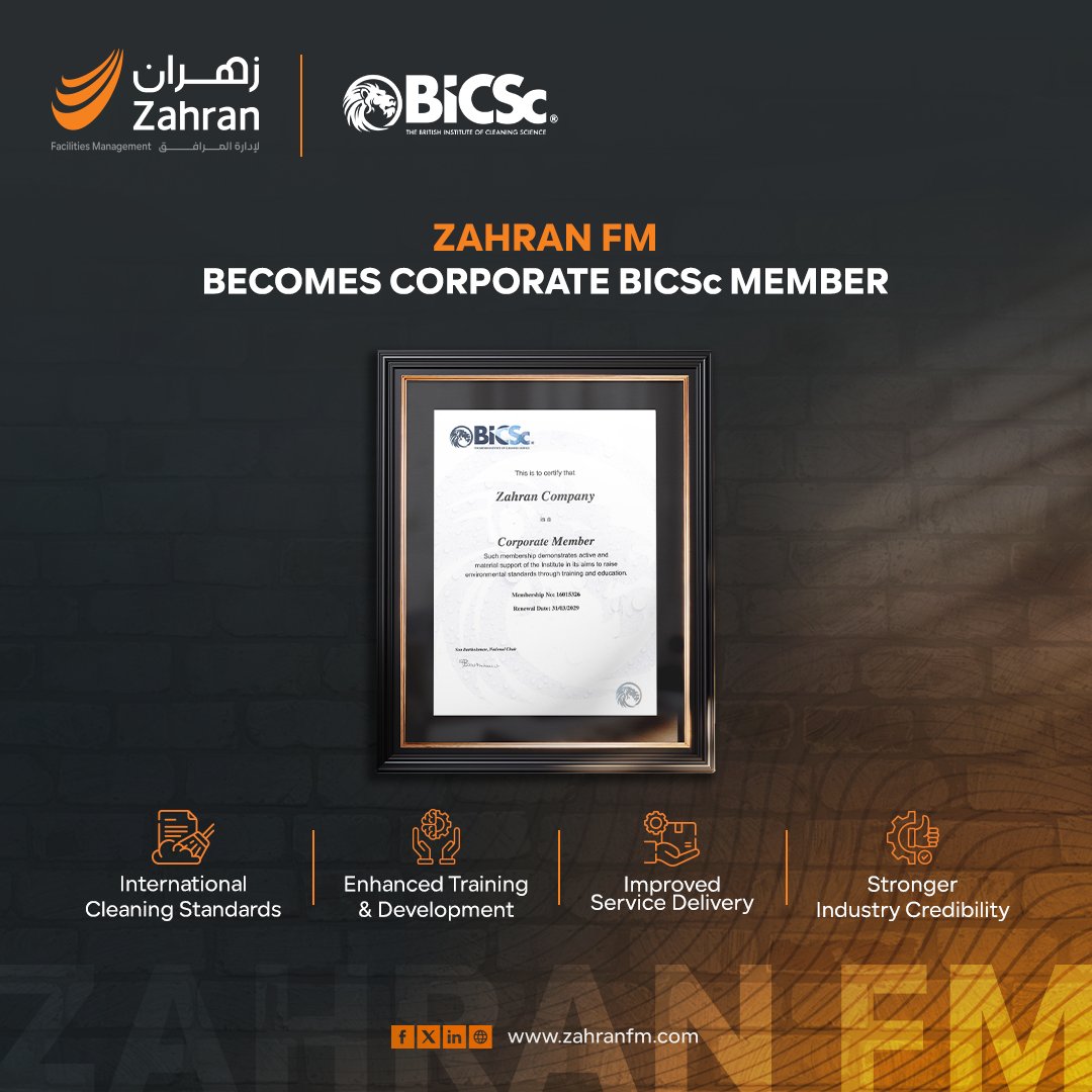 #ZahranFM is proud to announce its Corporate Membership of #BICSc.
This milestone reflects our ongoing commitment to adopting international best practices, enhancing service quality, and continuously elevating our Facility Management standards across the Kingdom.
#SaudiArabia