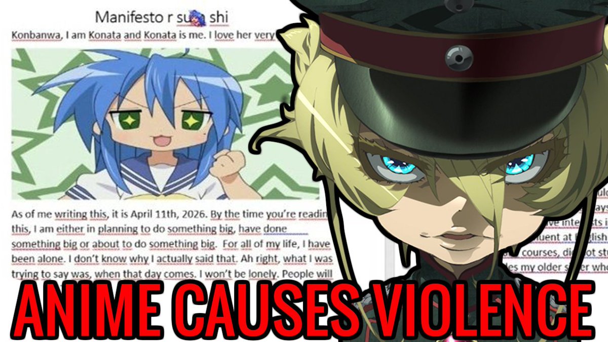 IMPORTANT NEWS:

Anime is being blamed for causing a violent shooting incident. The Shooter's manifesto started off with them saying they were Konata from "Lucky Star" and then referenced Natsuki Subaru's loneliness and how lonely they are. youtu.be/c7bNDplhAaY