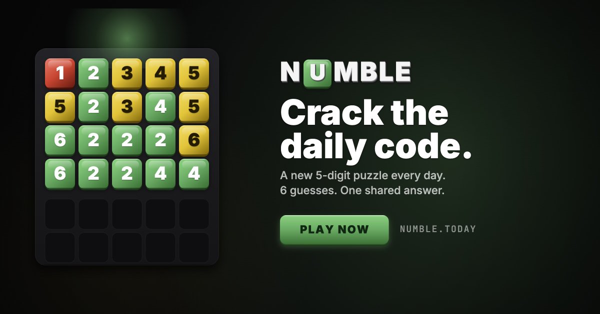 shauntrennery's tweet photo. Wordle, but for numbers. Guess the 5-digit code in 6 tries. Each guess reveals how close you are - but not which direction. New puzzle daily. Can you crack today's Numble?