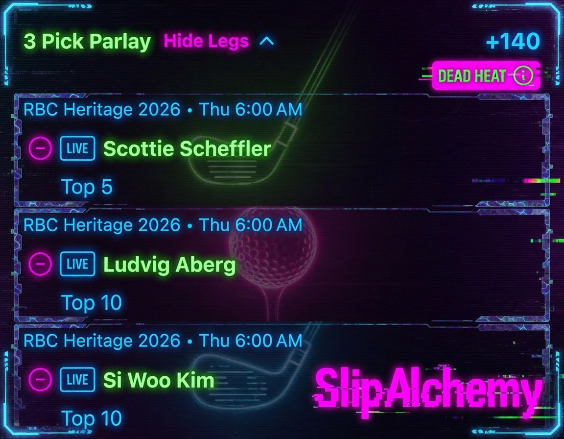 SlipAlchemy's tweet image. Original golf bet is still alive 👌 and adding this to double down #pga #draftkings #fanduel #Gambling𝕏