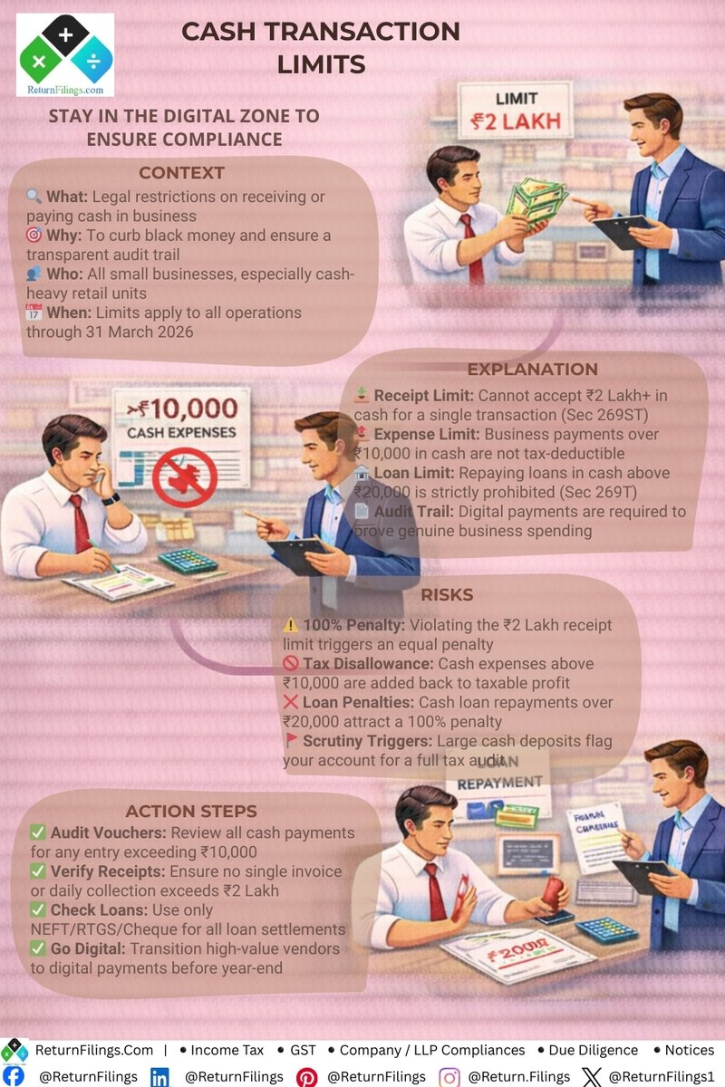 ReturnFilings1's tweet photo. Stay digital to save your business! 🚫 

Cash receipts over ₹2 Lakh or loan repayments over ₹20k attract 100% penalties. Expenses >₹10k in cash aren't tax-deductible.! 🏦💸

#ReturnFiling #ReturnFilings #IncomeTax #CashLimits #Compliance https://t.co/Z5Vhoebz6U