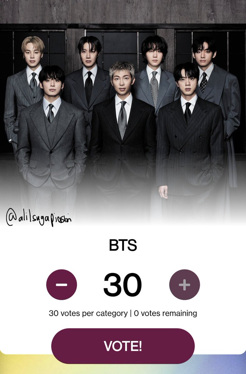 alilsugapiastri's tweet photo. I voted 💜
#VoteForBTSonAMAs
#AMAs #BTS_ARİRANG 
categories: ARTIST OF THE YEAR, SONG OF THE SUMMER &amp; BEST MALE K-POP.
🗳️ https://t.co/ZKhU4KtttW
Tutorial https://t.co/tMCVPXRB2J https://t.co/HCZ4vi9UUo