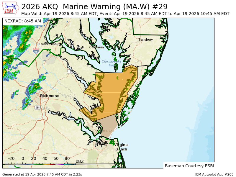 AKQ issues Marine Warning [wind: >34 KTS, hail: 0.00 IN] till Apr 19, 10:45 AM EDT mesonet.agron.iastate.edu/vtec/f/2026-O-…