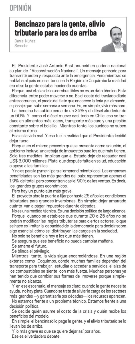 daniel_nunez_a's tweet photo. Bencinazo para la gente, alivio tributario para los de arriba. 
En mi columna de hoy en diario El Día analizo los impactos para la región de Coquimbo con los anuncios de Kast. https://t.co/g7VhO4keAW