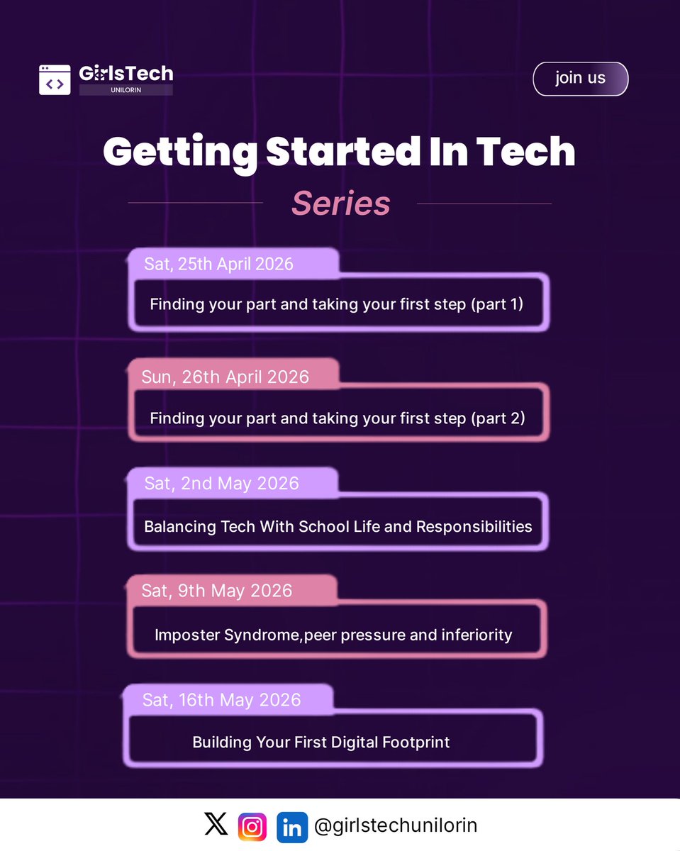 Girlstech_UIL's tweet photo. Ready to start your tech journey the right way? 🚀

The Getting Started in Tech Series is here to guide you step-by-step, from finding your path to building consistency. 💜

📌 Reg link dropping soon!
👉 Join us to stay updated: https://t.co/rvNdODiBoV

#UNILORIN 
#GirlsTech https://t.co/A2scbzZ4GJ
