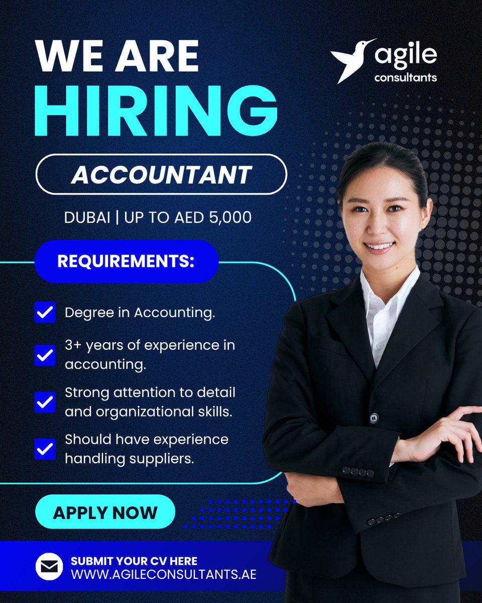 AgileUAE's tweet image. Agile Consultants is hiring an Accountant for our client in the events industry, based in Dubai. Apply: agileconsultants.ae/jobs/accountan…

#Hiring #Jobs #Careers #Networking #Recruitment #Accounting #Accountant #DubaiJobs #ApplyNow #AgileConsultants