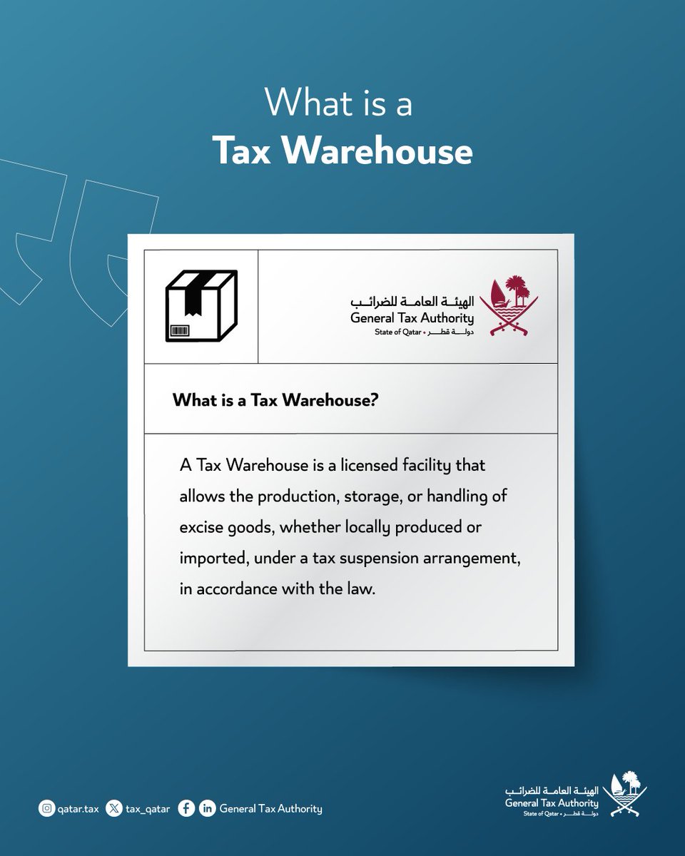 tax_qatar's tweet image. The Tax Warehouse system provides a structured and flexible framework for managing excise goods, allowing tax deferral and improving cash flow while ensuring compliance with applicable regulations.

#tax_qatar #dhareeba #qatar