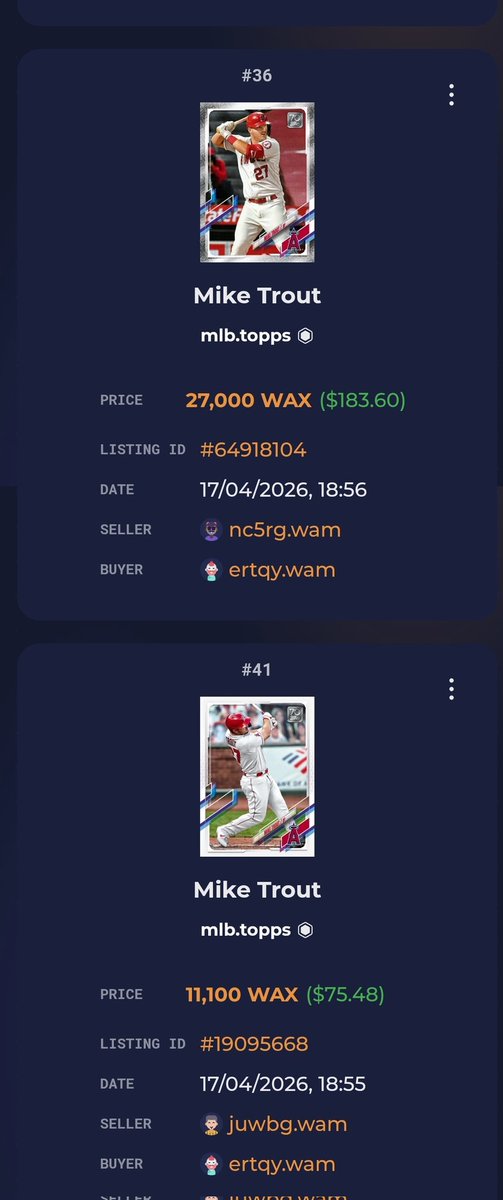 enthusiast_nft's tweet image. Trout cards are heating up again on @WAX_io. An #OG @Topps @ToppsChainSales #NFT 2021 S1 sold for $183.60. This buyer took a $500 stab on a few Trouts.