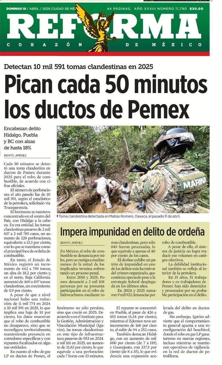 Mientras Claudia Sheinbaum anda en España defendiendo a Cuba. 

En México el huachicol ya llegó para quedarse.

Su gobierno nos vende espejitos y conciertos en el Zócalo para que no se hable de esto.

Cada 50 minutos "pican" los ductos para robar huachicol.

👇