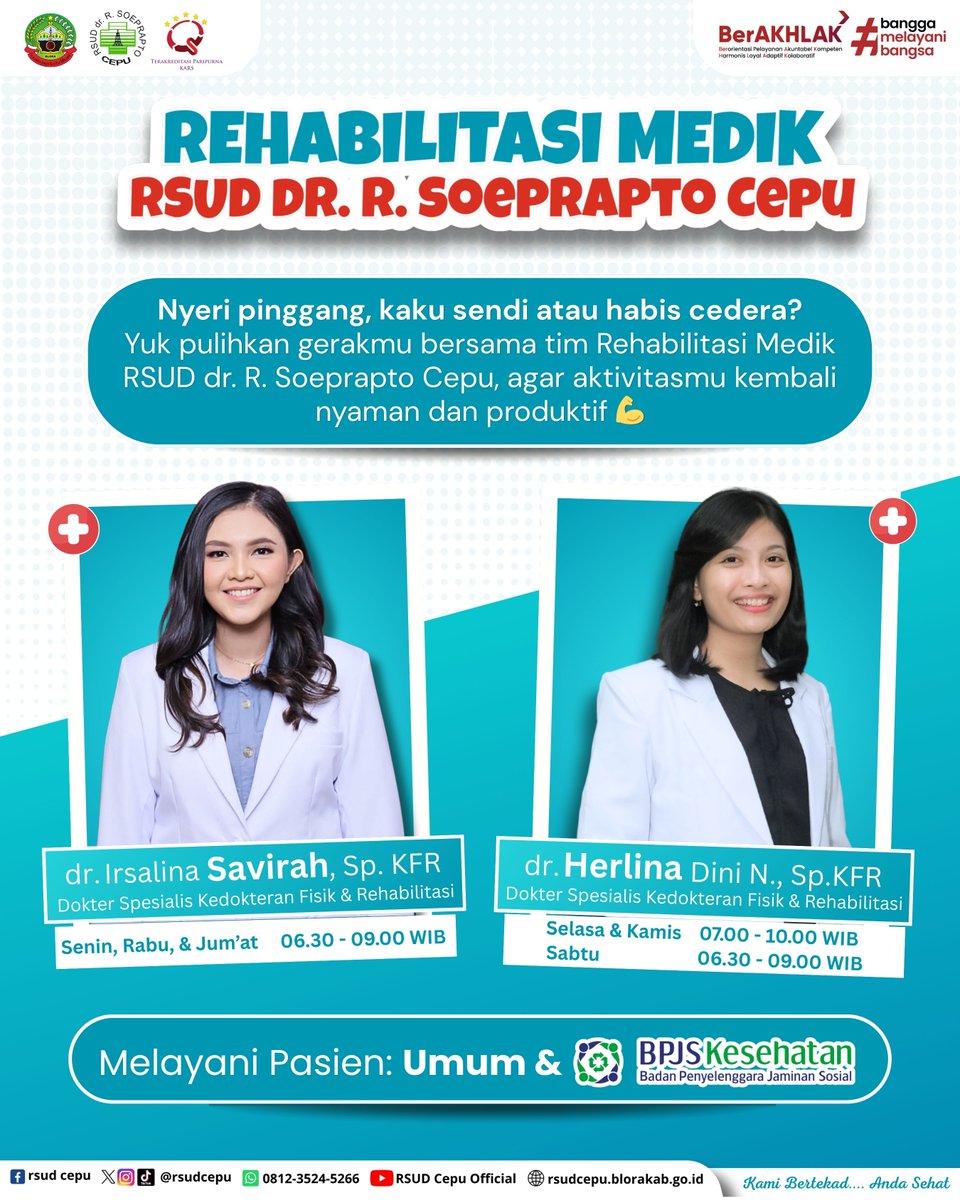 rsudcepu's tweet photo. Hai, Sobat Sehat 👋
Ada sedikit update jadwal nih untuk dr. Irsalina Savirah, Sp.KFR ya. 
Sekarang layanan Rehabilitasi Medik bersama dr. Herlina Dini N., Sp.KFR sudah bisa melayani pasien BPJS Kesehatan
Pastikan datang sesuai jadwal terbaru supaya pelayanan tetap lancar 👍 https://t.co/WgEhs80ia1