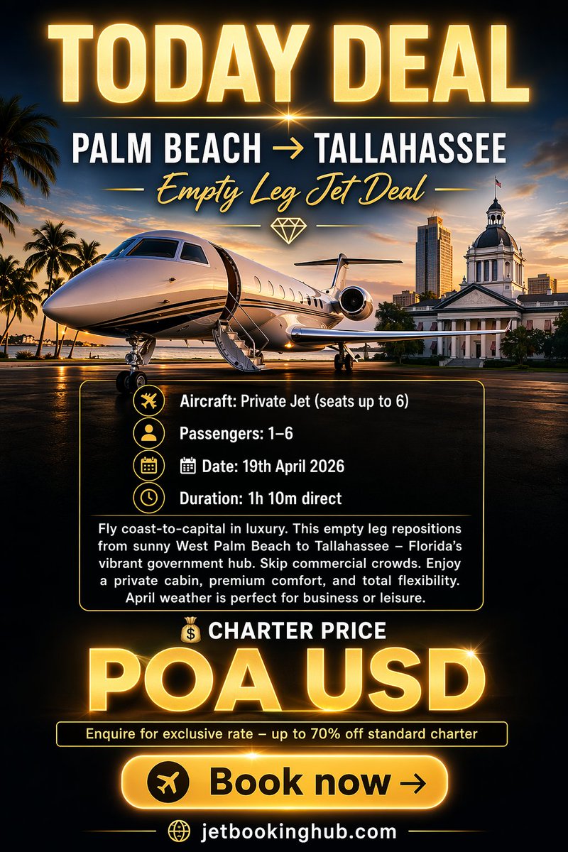 jetbookinghub's tweet image. Private jet. Empty leg. Up to 70% off. 
Palm Beach → Tallahassee in just 1h 10m.
Skip the chaos.
💰 POA – Enquire now
👉 jetbookinghub.com

#WestPalmBeachFLUSA #PrivateJet #EmptyLeg #LuxuryTravel #JetCharter #FlyPrivate #Aviation #Florida #TravelDeals #BusinessTravel