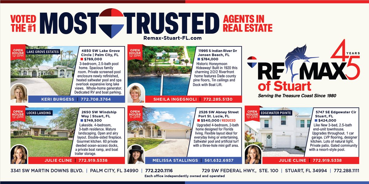 Check out today's open houses 🏡and featured properties 
OR start your own search here  
➡️ remax-stuart-fl.com