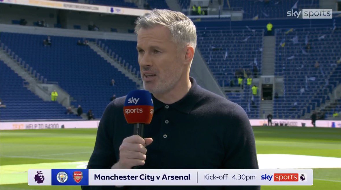 PrimeAngleFooty's tweet photo. 🚨Jamie Carragher has made his call.

“If City win, they’ll go on and win the league.”
One game. Potentially season-defining. 

Arsenal know what’s at stake, drop points here and the title race could be over. 🏆

📸: @SkySportsPL 

#PremierLeague #MCIARS #TitleRace https://t.co/cTyAGPDuMn