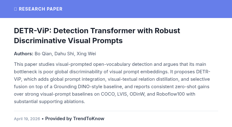 aitrendings's tweet image. DETR-ViP: Detection Transformer with Robust Discriminative Visual Prompts

👥 Bo Qian, Dahu Shi &amp;amp; Xing Wei

#AIResearch #ComputerVision #DeepLearning #VisualPrompting

🔗 trendtoknow.ai/paper-reviews/…