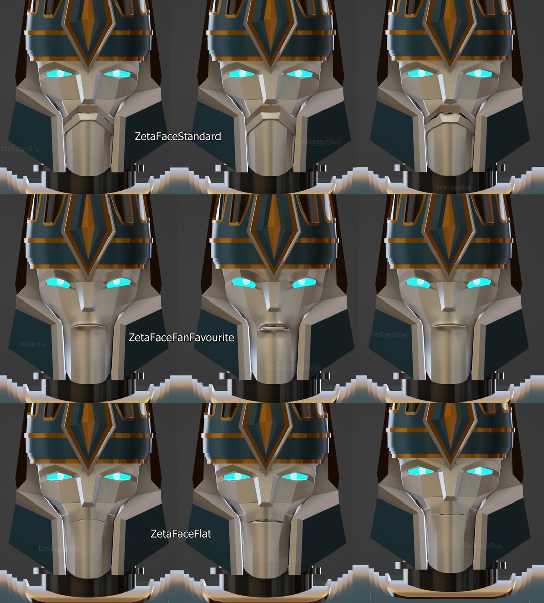 DaSluggySlug's tweet image. I finally completed my TFONE #Zetaprime 3D-model!
3 different faces, 3 expressions each. His energy axe is optional. Only 44k tris, making the model quite lightweight. #TFONE
⬇️
