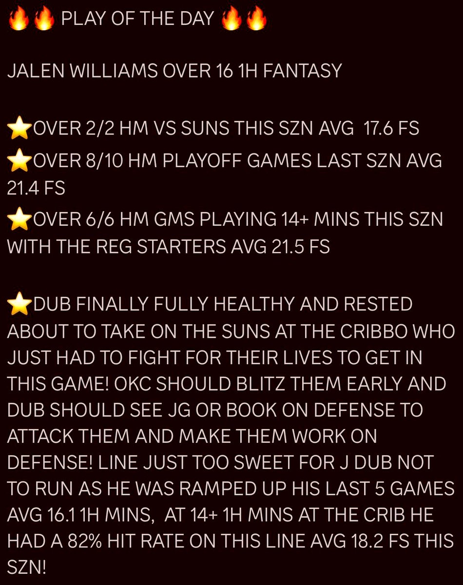 RACKEMSPORTS's tweet image. 🔥🔥 PLAY OF THE DAY 🔥🔥

JALEN WILLIAMS OVER 16 1H FANTASY

 #POTD #PLAYOFTHEDAY #PrizePicks #playerprops #DFS #pp #mlb #NFL #NFLPRIZEPICK #nfltwitter #nbatwitter #NBA #nbaplayoffs #nbaplayintournament #NBAprizepick #okc #thunderup #okcthunder #WNBAPicks #nbaespn #wnba #NBACup