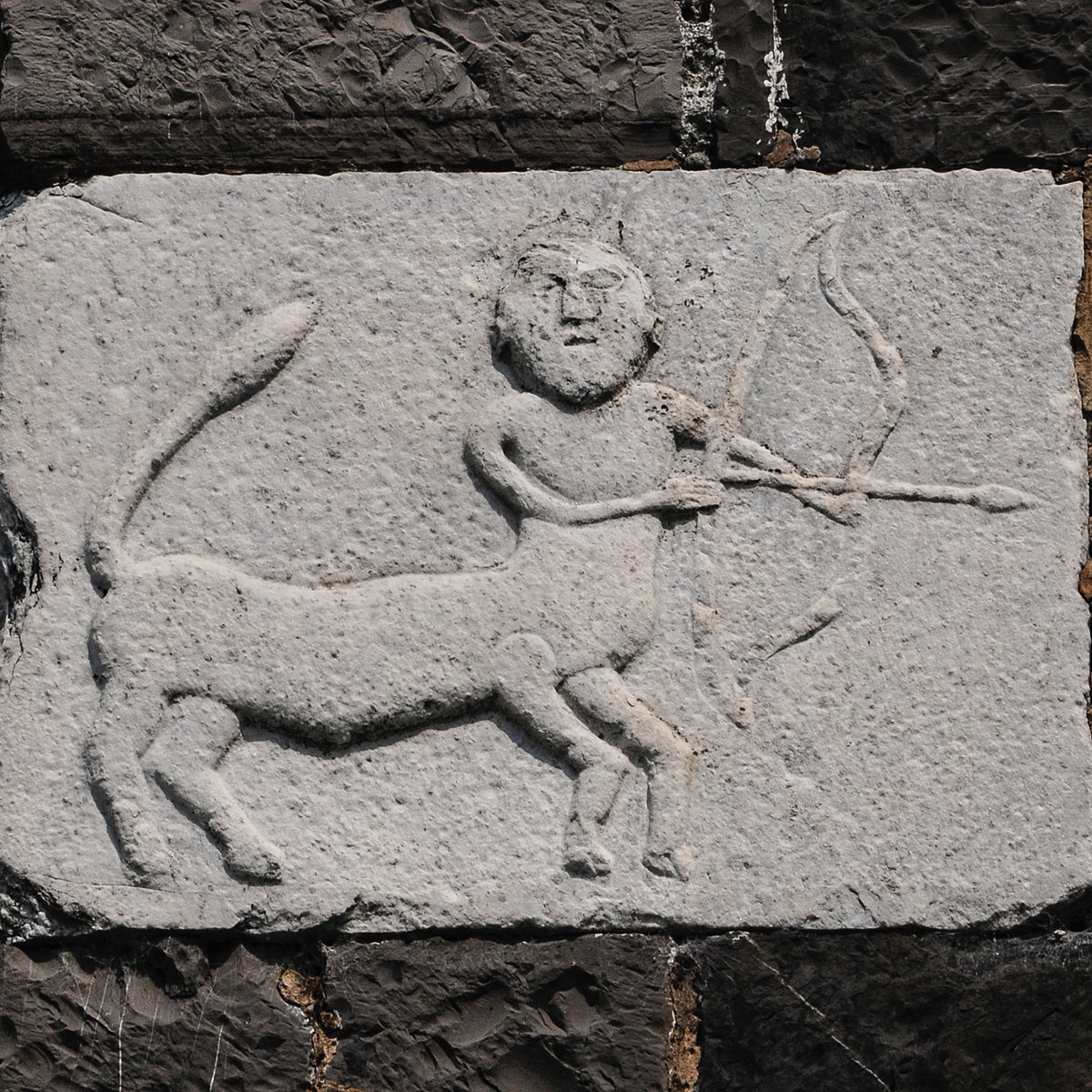 #Sagittarius #Gravedona

Sagittarius, archer centaur of ancient mythology and ninth sign of the zodiac. Early medieval (5th to 10th century) white marble relief sculpted on front of 12th century church, the Chiesa di Santa Maria del Tiglio at Gravedona, Lombardy, Italy. The