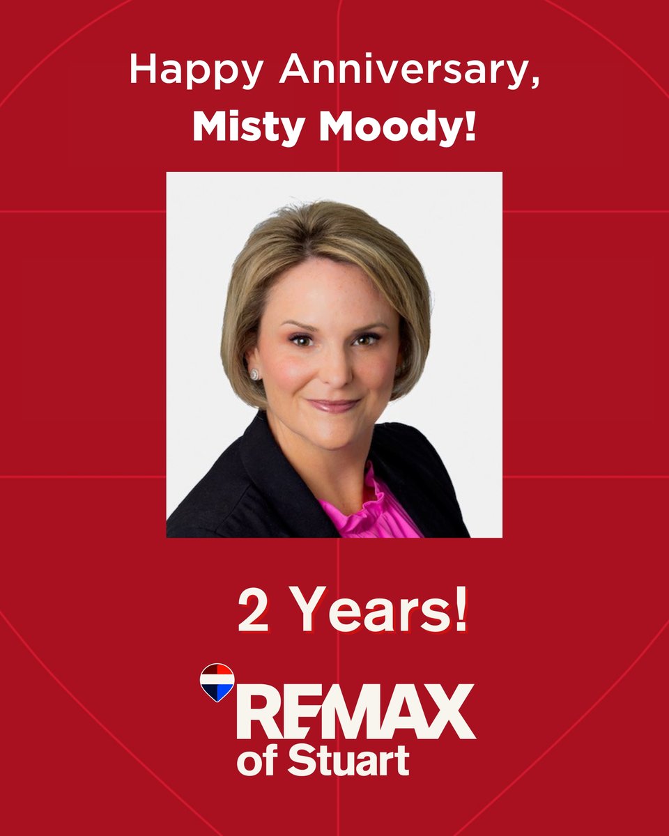 It's Misty Moody's two-year anniversary with #REMAXofStuart! 2️⃣🥂✨ Seeing how much you’ve learned and grown in such a short time has been amazing. We can’t wait to see what the future holds! #LegacyOfSuccess