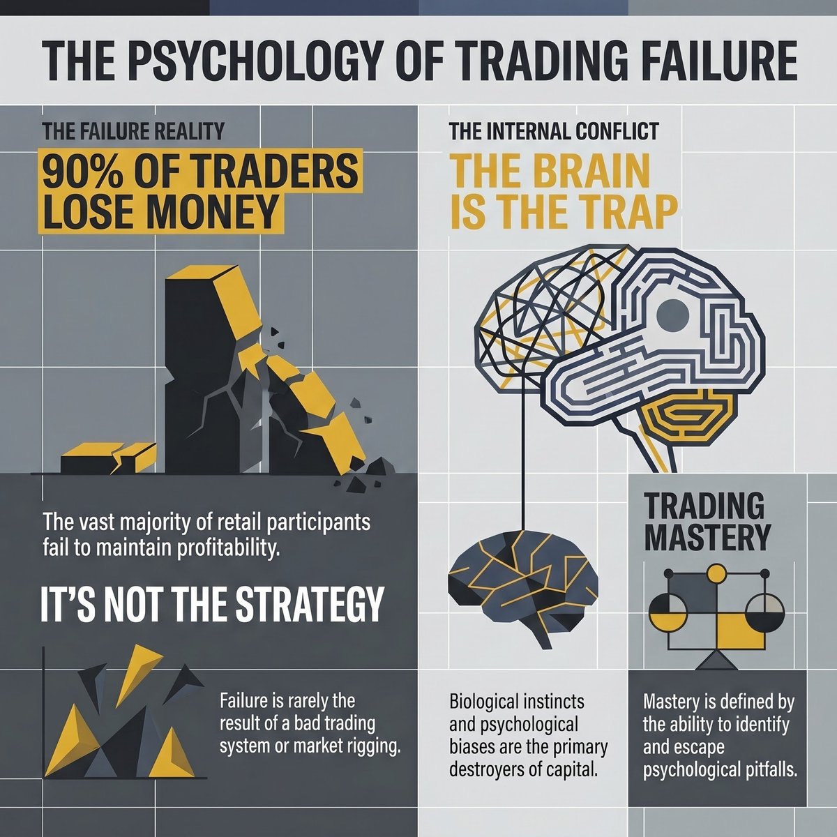 UfaCrypto's tweet photo. 90% of traders lose money.Not because of bad strategy.Not because the market is rigged.Because of their brain. Here are the 6 psychological traps that destroy most retail traders, and exactly how to escape each one https://t.co/ycuiuGdefM
