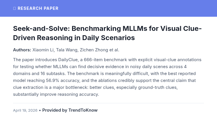 aitrendings's tweet image. Seek-and-Solve: Benchmarking MLLMs for Visual Clue-Driven Reasoning in Daily Scenarios

👥 Xiaomin Li, Tala Wang, Zichen Zhong et al.

#AIResearch #MachineLearning #ComputerVision #VisualReasoning

🔗 trendtoknow.ai/paper-reviews/…