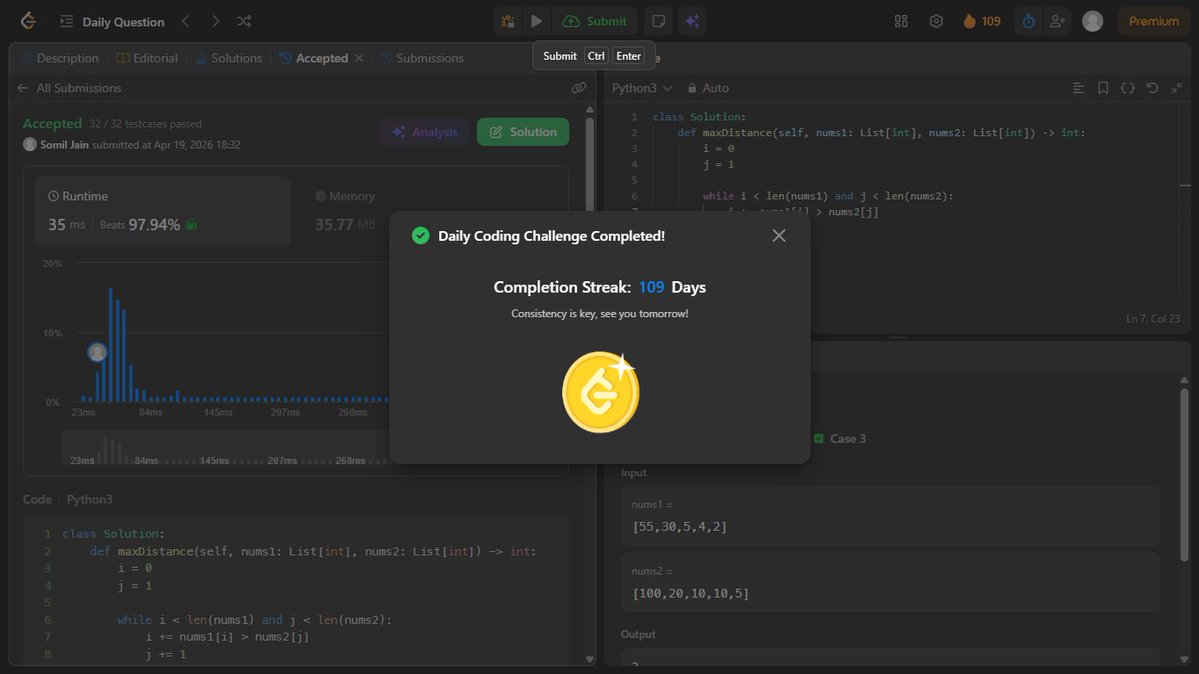 jainsomilx2811's tweet image. Day 109 – DSA
LeetCode 1855: Maximum Distance Between a Pair of Values
Used two-pointer technique on sorted arrays.
Maximized distance while maintaining the valid condition efficiently.

#DSA #LeetCode #Algorithms #TwoPointers