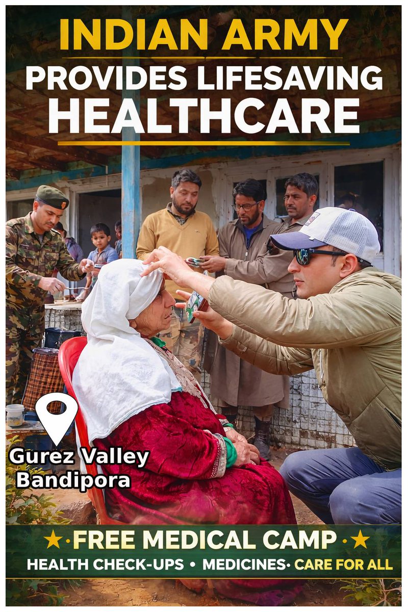 Abulmahasi80351's tweet image. The Indian Army organizes free medical camps across Kashmir’s remote areas, providing essential healthcare and medicines to those in need.
A strong step toward unity, care and standing with every Kashmiri. 🇮🇳

#Kashmir #IndianArmy #Healthcare #Unity