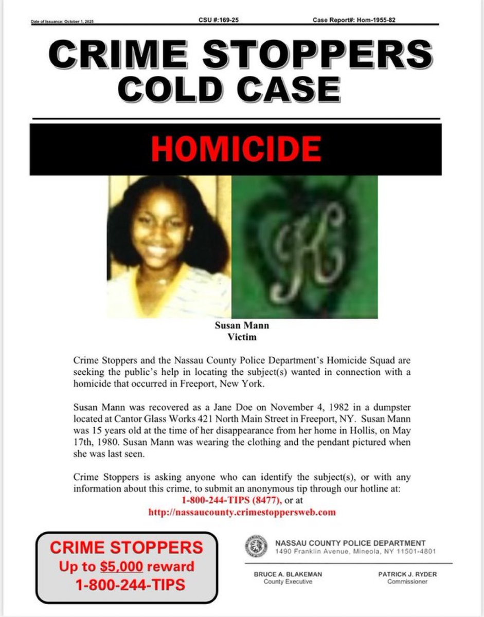 Catch_LISK's tweet image. Susan Mann
It's #TipTuesday and we need your help for #SusanMann who was last seen on 5/17/1980 in Hollis Queens. Her remains were found on 11/4/1982 in Freeport Long Island with the same yellow striped sweater. All of her jewelry was with her.  Crime Stoppers is asking anyone
