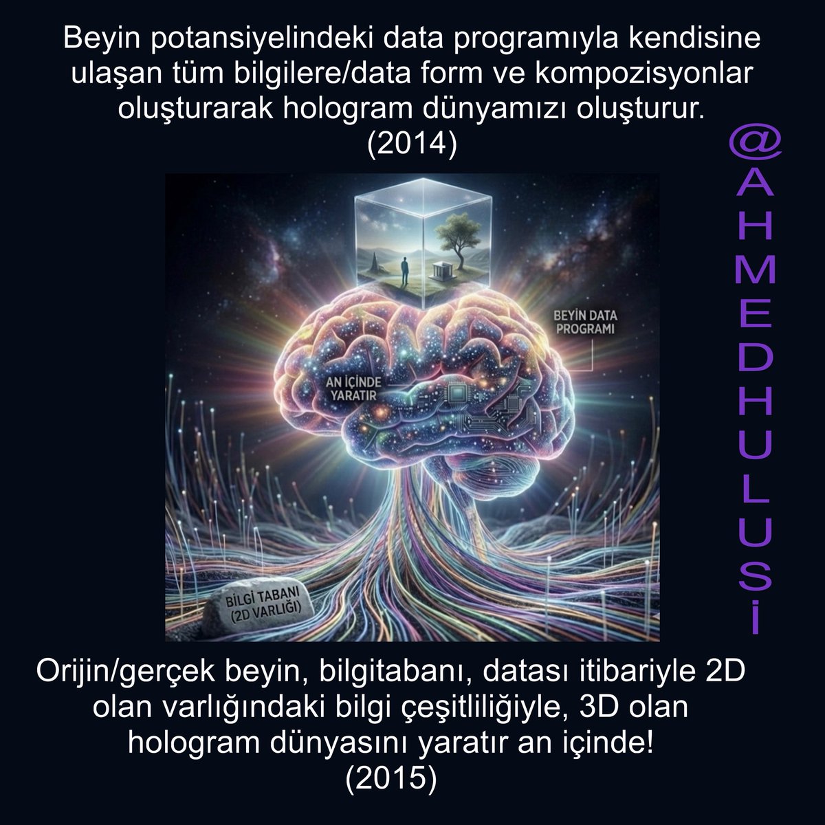 Beyin potansiyelindeki data programıyla kendisine ulaşan tüm bilgilere/data form ve kompozisyonlar oluşturarak hologram dünyamızı oluşturur.
(2014)

Orijin/gerçek beyin, bilgitabanı, datası itibariyle 2D olan varlığındaki bilgi çeşitliliğiyle, 3D olan hologram dünyasını yaratır
