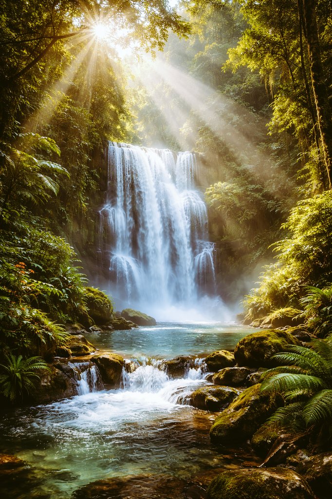 Beautiful waterfall in tropical rainforest, mist rising, sunlight rays, ultra-realistic, vibrant green environment