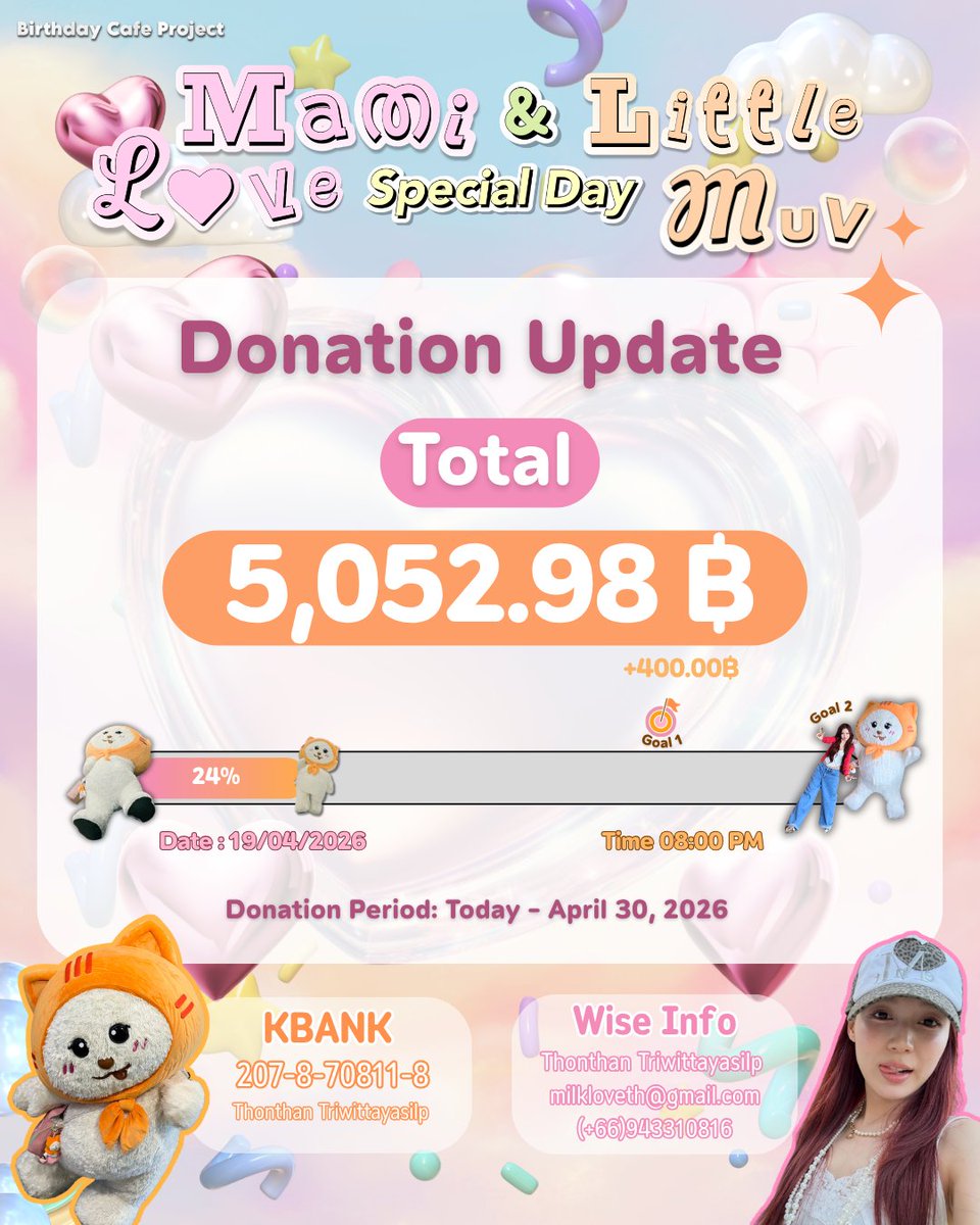 MilkLoveTH's tweet photo. "Mami Love & Little MUV Special Day” Birthday Cafe Project 💖🧡🎂 Donation Update 

#LOVEMUVDay #loverrukk #MUVMUV 

ตอนนี้ยอดเกือบ 1 ใน 4 แล้ว ทุกคนยังเติมยอดกันต่อได้เรื่อยๆ อีก 10 วันเลยนะคะ ไปกันต่อ~~

🆙อัพเดตยอดโดเนทล่าสุด เวลา 20.00 น.

📅 เปิดรับโดเนท: วันนี้ – 30 เมษายน 2026

📍บัญชีสำหรับการเปิดรับโดเนท:
✅️ธนาคารกสิกรไทย
เลขที่บัญชี: 207-8-70811-8
ชื่อบัญชี: ธรณ์ธันย์ ไตรวิทยาศิลป์ /Thonthan Triwittayasilp

✅️Wise 
Thonthan Triwittayasilp
milkloveth@gmail.com
(+66)943310816

**โปรดกรอกฟอร์มหลังโดเนททุกครั้ง**
‼️ Don‘t forget to fill out the donation form ‼️

📝 Donation Form
🔗: https://t.co/3e2xAAqzga

📌Project Details: https://t.co/aIY8qgCxvv