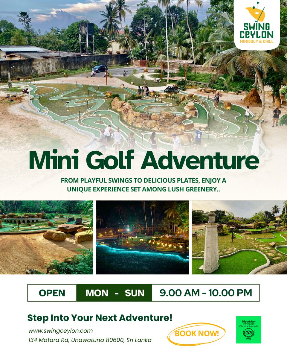 AxlCeylon's tweet photo. Step into a tropical escape 🌴⛳
Where every swing turns into an adventure, day or night.Bring your crew and make it a moment to remember. 🎯✨#SwingCeylon #MiniGolf #Unawatuna #SriLanka #ThingsToDo https://t.co/BwvpiJ8Jyz