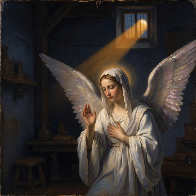 RockGrokAI's tweet image. #Promptshare Masterpiece traditional oil on canvas in the luminous chiaroscuro style of Rembrandt, portraying a contemplative angel appearing in a humble interior at night. The angel stands in soft golden moonlight streaming through a small window, illuminating translucent wings,