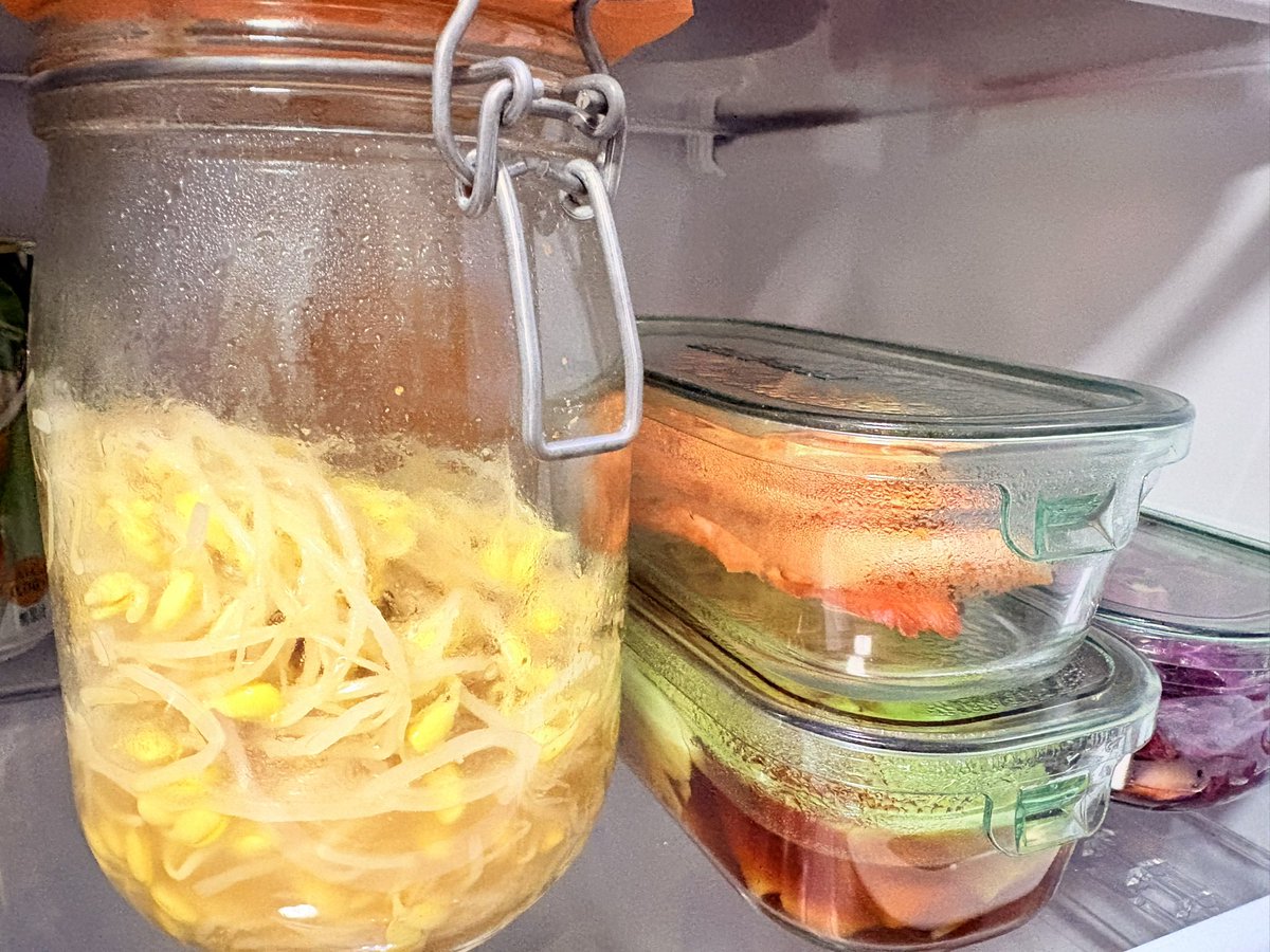 「焼き鮭」「紫キャベツのラペ」「ブロッコリーの芯の出汁漬」「もやしのナムル(自家製鶏ガラ)」「ゆで卵」作り置きした。これと、ゆでブロッコリーで一週間生きるぞ🥦 