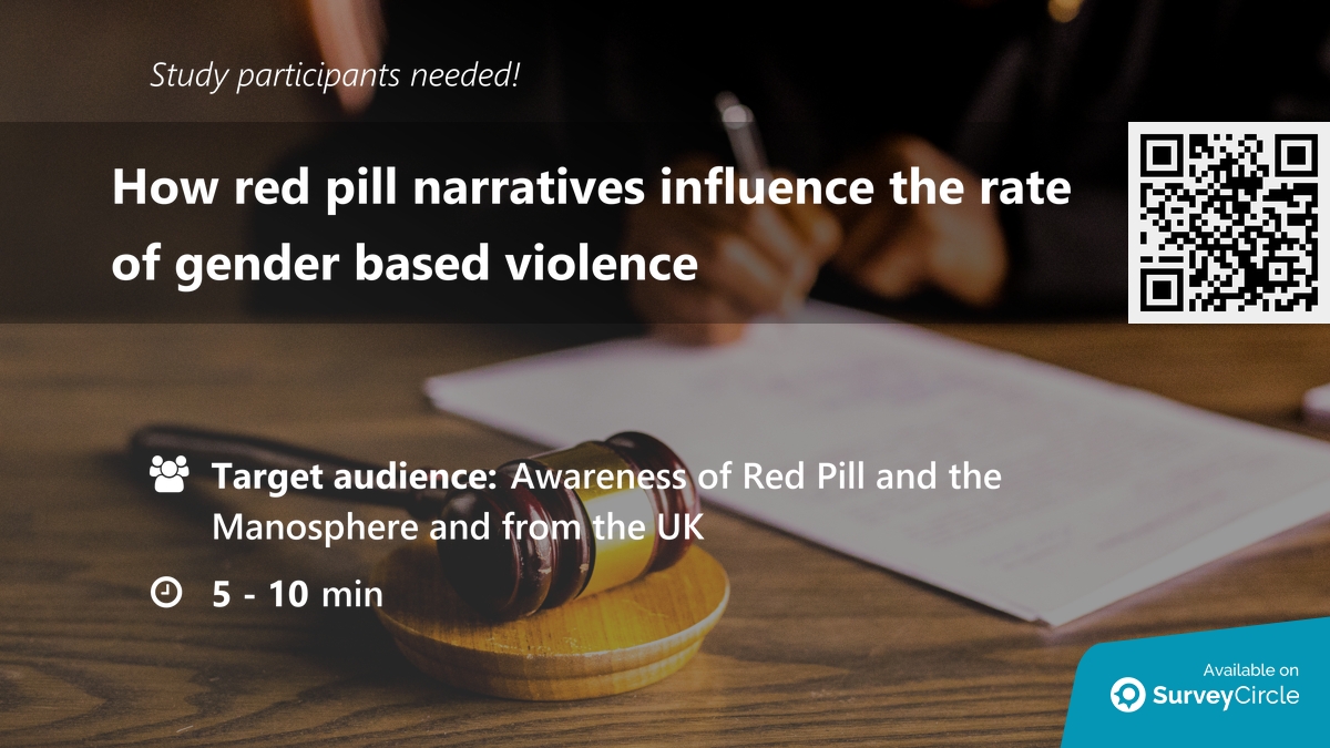 daily_research's tweet image. Participants needed for online survey!

Topic: "How red pill narratives influence the rate of gender based violence" surveycircle.com/VGQ6Y9/ via @SurveyCircle #bournemouthuni

#gender #feminism #manosphere #perspectives