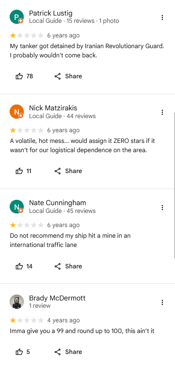 0xSweep's tweet photo. These google maps reviews of Strait of Hormuz from years ago are actually insane https://t.co/e8FOSEvdf4