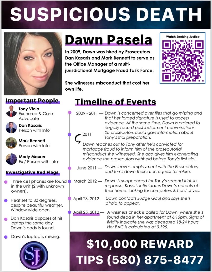 Catch_LISK's tweet image. #DawnPasela

It's #TipTuesday and we need your help to bring even more awareness to the highly suspicious death of Dawn Pasela.
The death of whistleblower Dawn Pasela as she was scheduled to testify in open court about misconduct committed by Prosecutors Mark Bennett and Dan