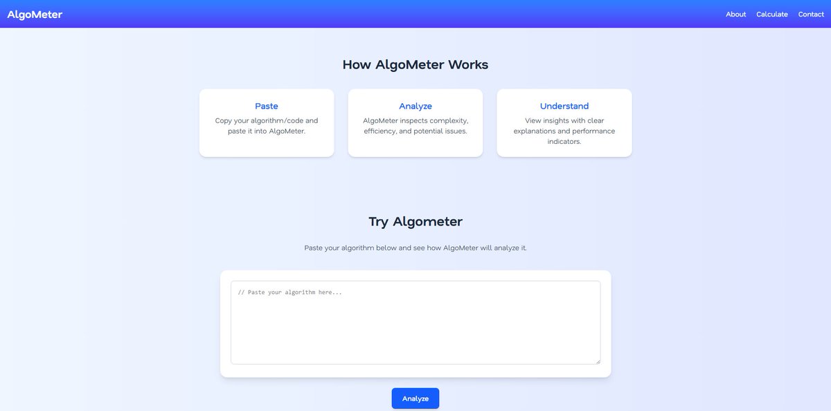 madhavmishra098's tweet image. Built Algometer — a web app to explore algorithm complexity ⚡

🔗 algometer.vercel.app

Felt limited analyzing my code on LeetCode, so I built this.

React • Node.js • Express • Tailwind
Vercel (FE) • Render (BE)
Feedback welcome. Updates coming here.

#webdev #DSA
#code